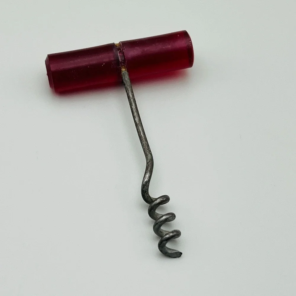 Vintage Corkscrew Bar Tool Red Acrylic Handle Metal Spiral‎ Mid Century Retro